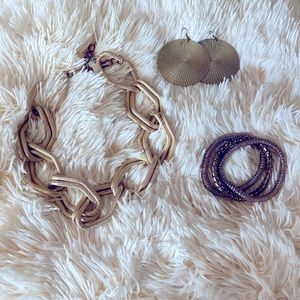 NWT.  3 Piece Bundle of Jewelry.  Gold. Necklace. Earrings. 3 Bracelets.